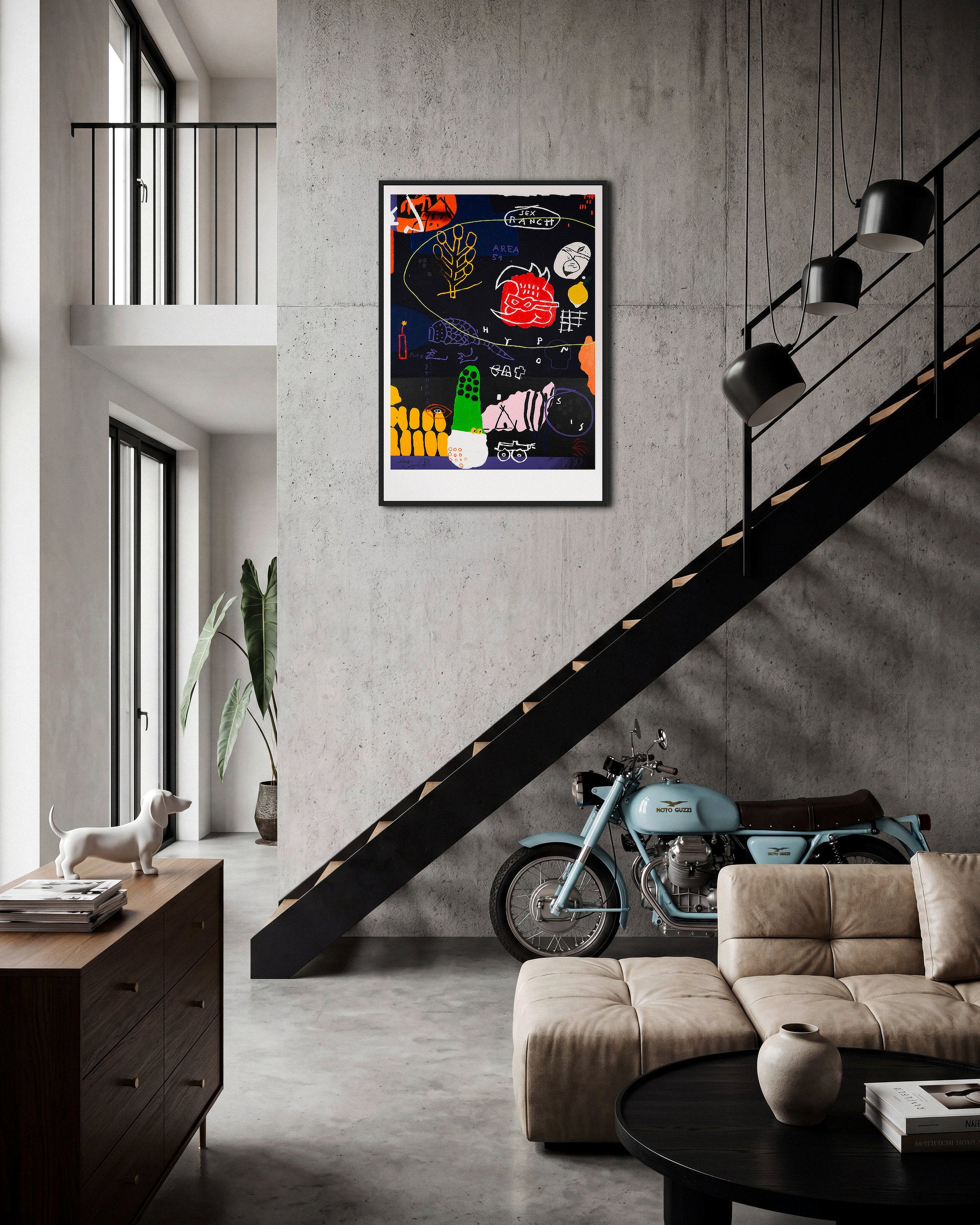 Elegant modern living room interior mockup featuring the framed colorful artwork How to Contact Aliens by RETRO23 on a light gallery wall.