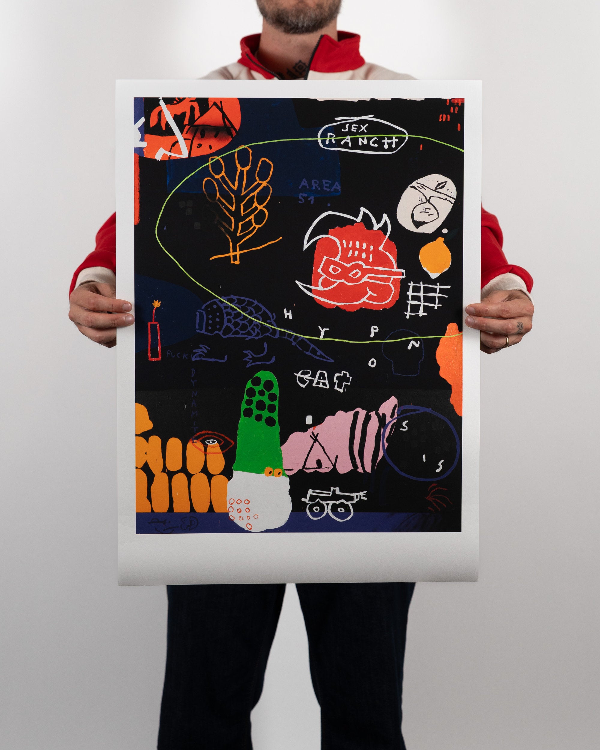 Premium unframed archive art print How to Contact Aliens by RETRO23 held by a person in an artist studio setting.