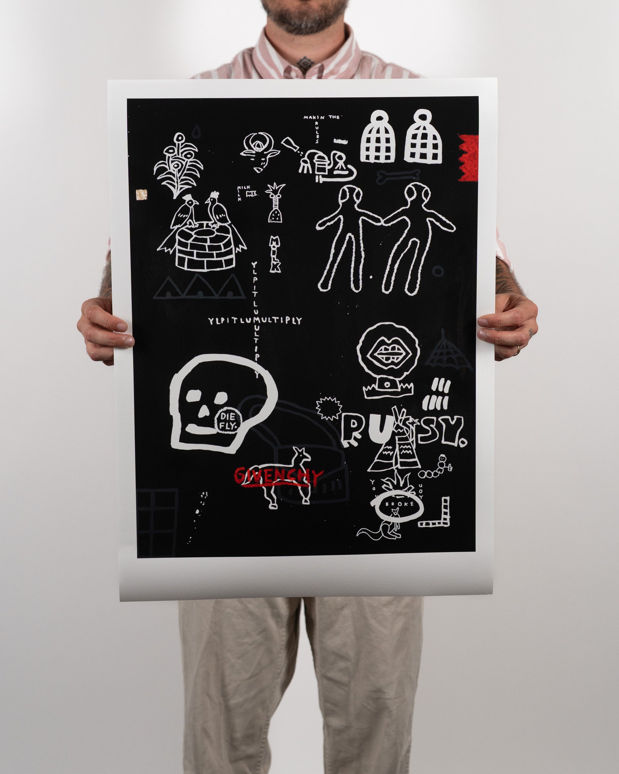 Premium unframed archive art print Amphibian Milk by RETRO23 held by a person in a bright artist studio.