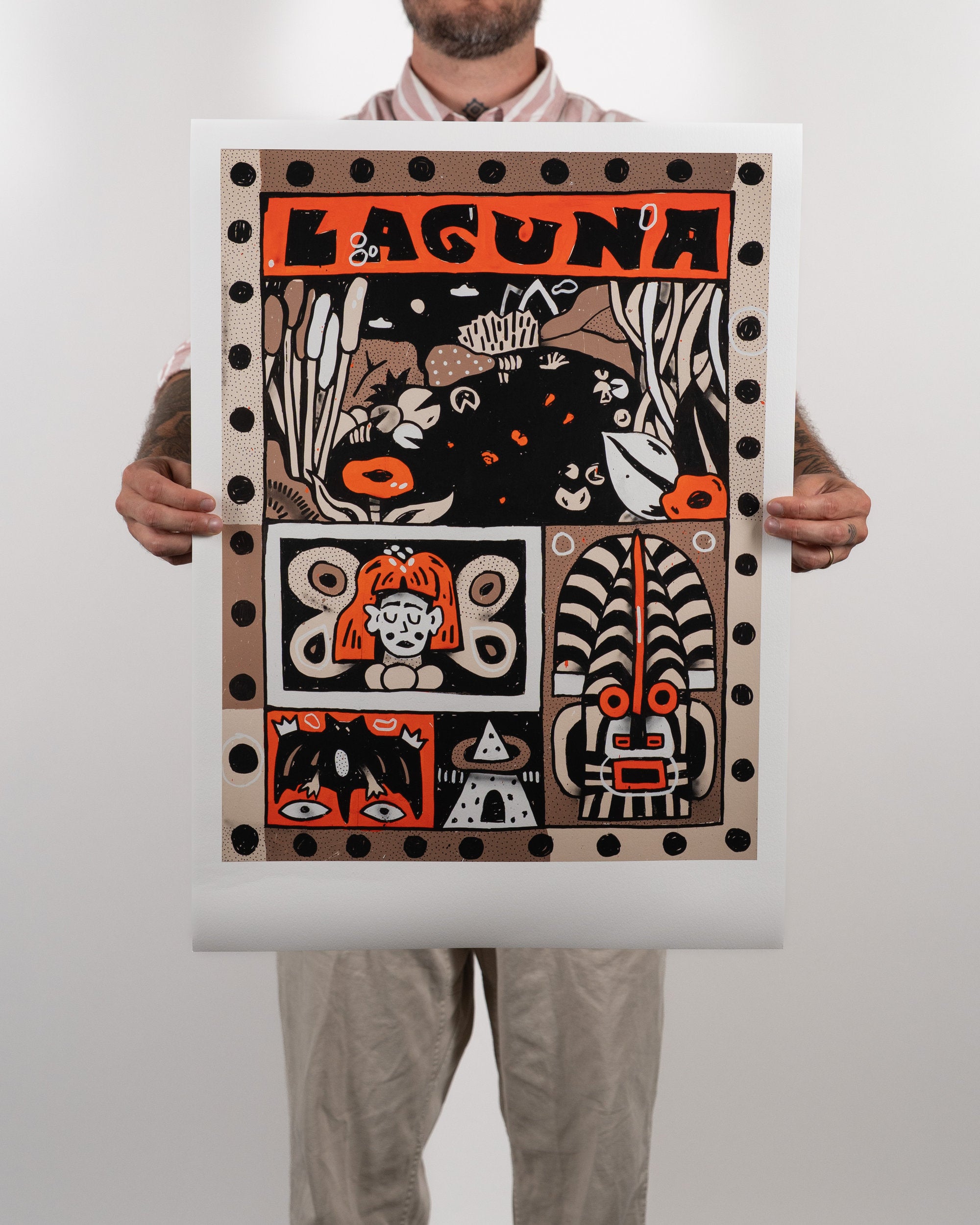 Full shot of a person holding the physical Night Swim fine art print by RETRO23 in front of their body, showing the artwork centered with a wide white border.