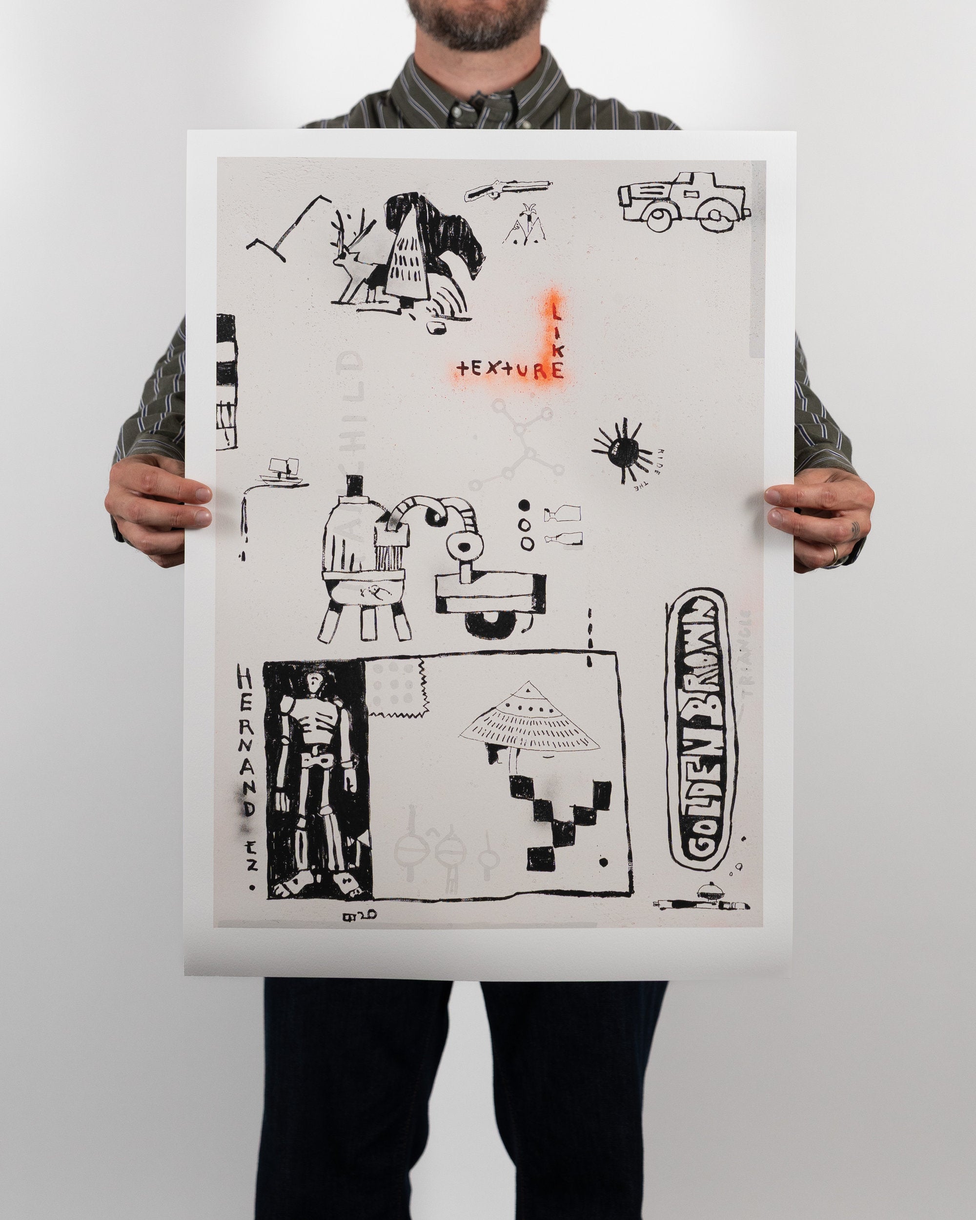 Premium unframed archive art print Texture Like Sun by RETRO23 held by a person in a studio setting.