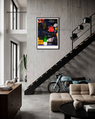 Elegant modern living room interior mockup featuring the framed colorful artwork How to Contact Aliens by RETRO23 on a light gallery wall.