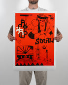 Premium unframed graphic art print Hyperspace Rangers by RETRO23 held by a person in an artist studio setting.