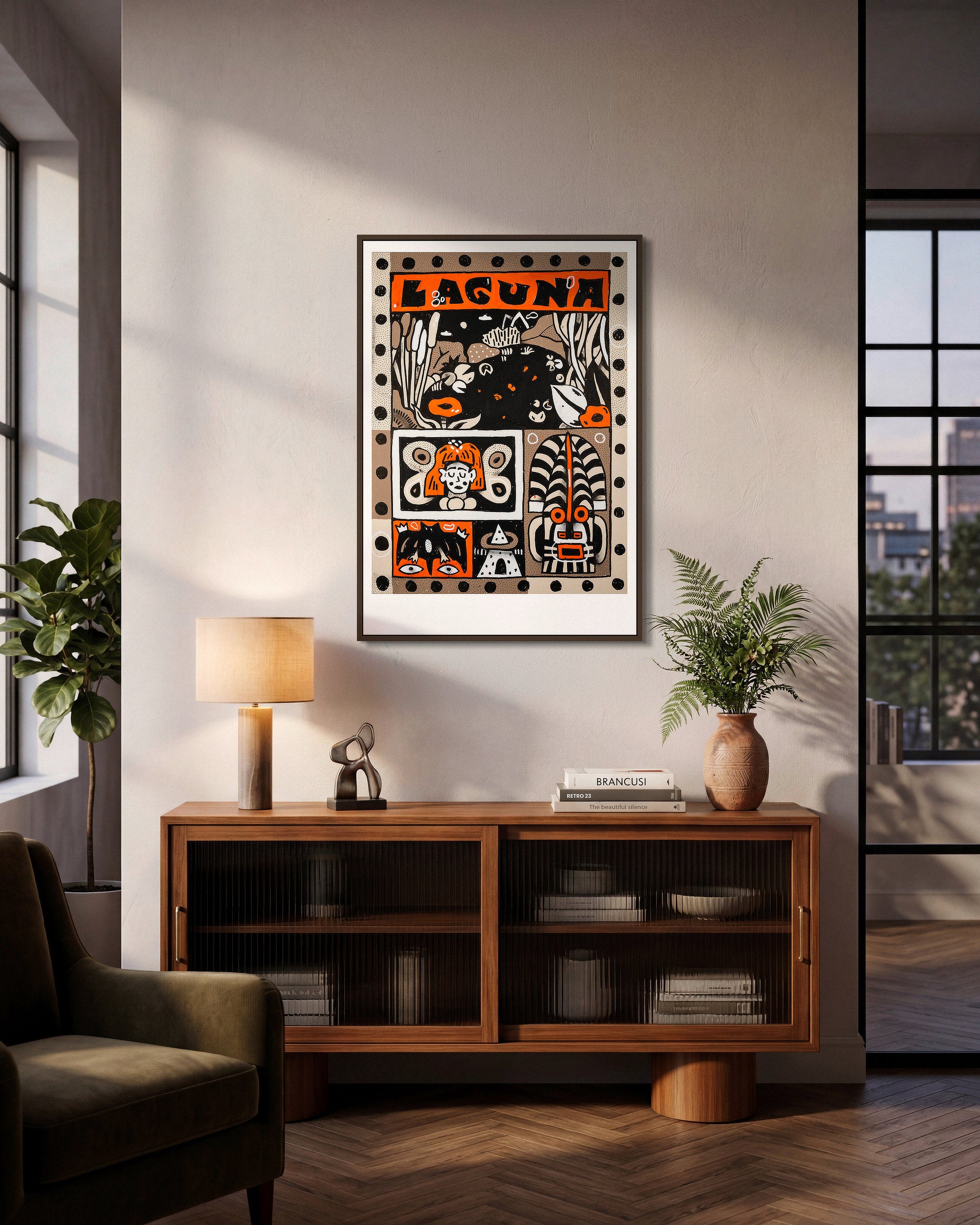 Modern living room interior mockup featuring the framed street art print Night Swim by RETRO23 hanging on a bright wall next to green plant leaves.