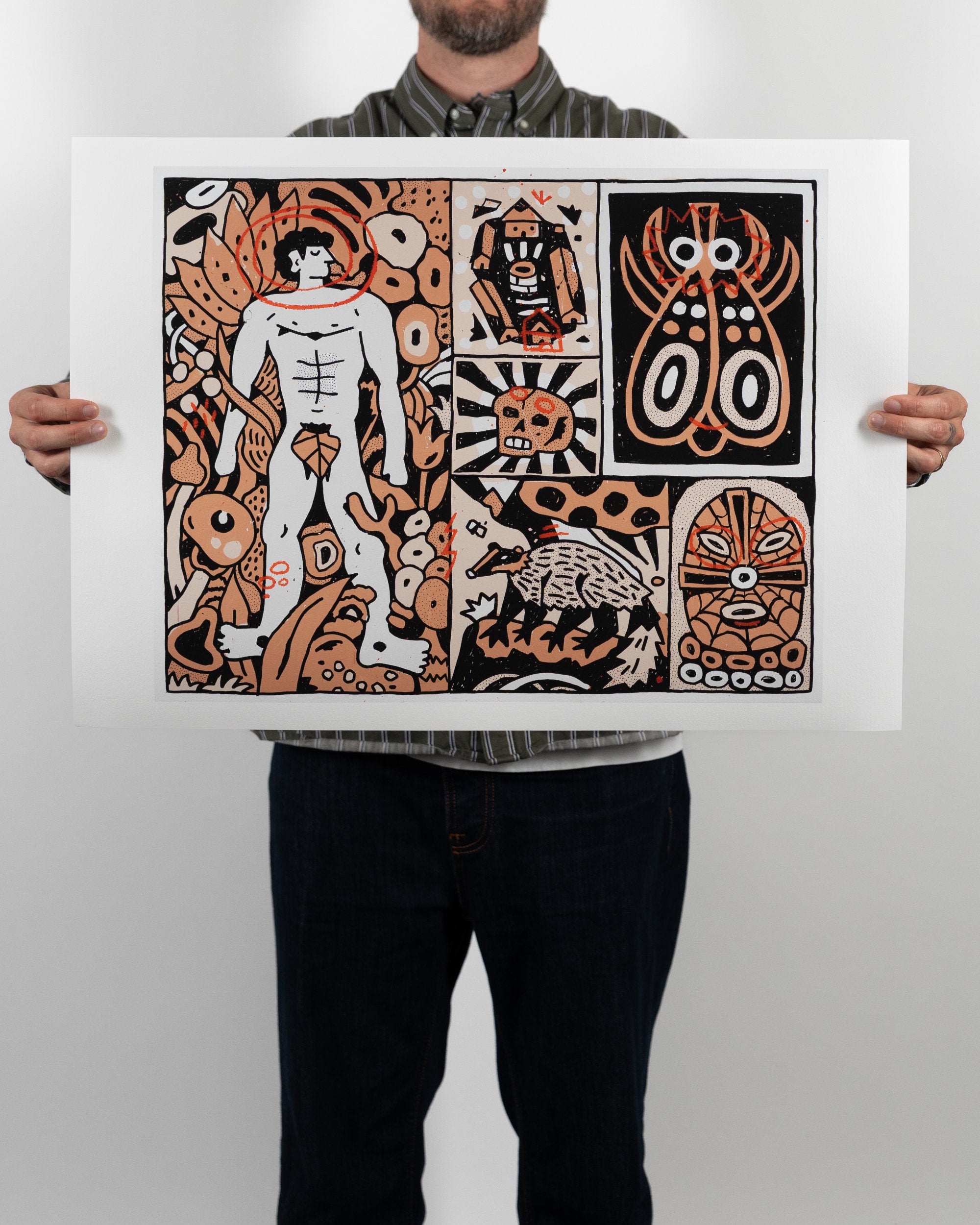 Full shot of a person holding the physical Die Dächse Kommen Näher fine art print by RETRO23 in front of their body, showing the artwork centered with a wide white border.