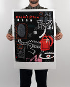 Full shot of the Oklahoma Crab Cake fine art print by RETRO23 showing the black, red and white neo-expressionist artwork centered with a wide white border.